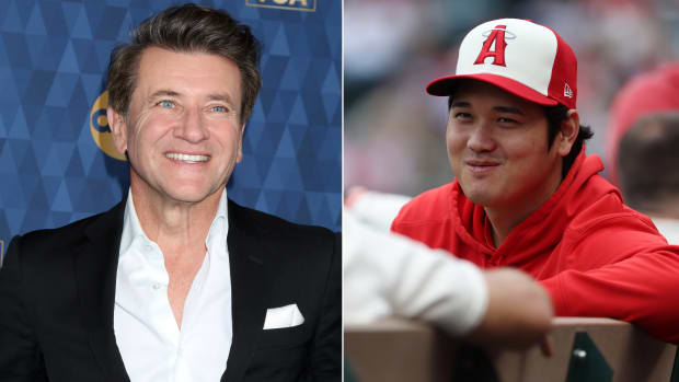 A split image of ‘Shark Tank’ investor Robert Herjavec and Shohei Ohtani in an angels hat.